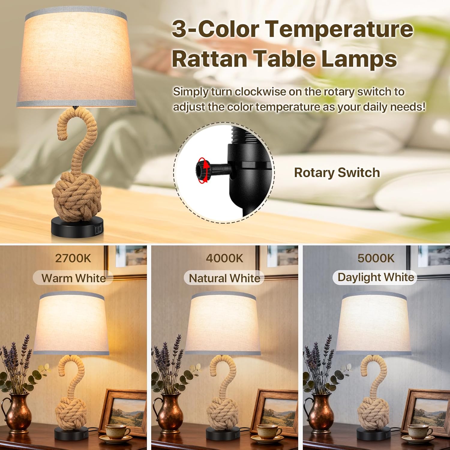 22" Rope Lamp Set of 2, Boho Table lamps for Night Stands, 3-Color Temperatures Rattan Lamp with Rotary Switch USB Ports, Boho Lamps for Bedrooms, Farmhouse Lamps for Living Room, 2 Bulbs Included