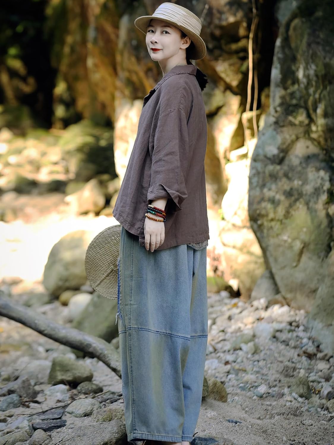 Women's Linen Shirts Lapel Collar Button Down Tops Plus Size Blouse with Pockets Handmade Stitch Vintage Loose Casual Tops - Image 6