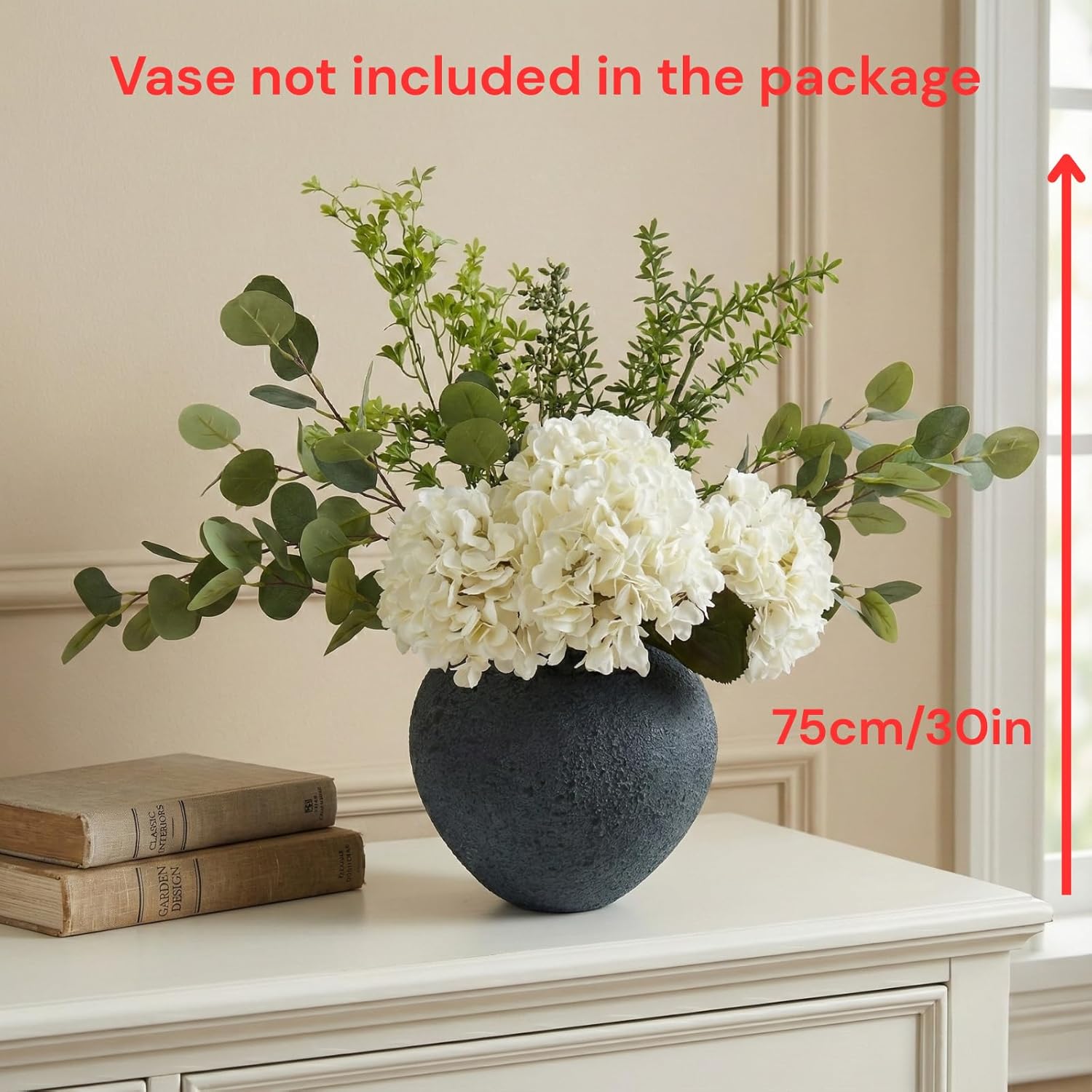 Faux Arrangement - Eucalyptus & White Hydrangea Flowers, Large Artificial Floral Greenery Centerpieces for Tables, Modern Farmhouse Decor for Dining Room, Kitchen & Coffee Table, 30 inches Tall