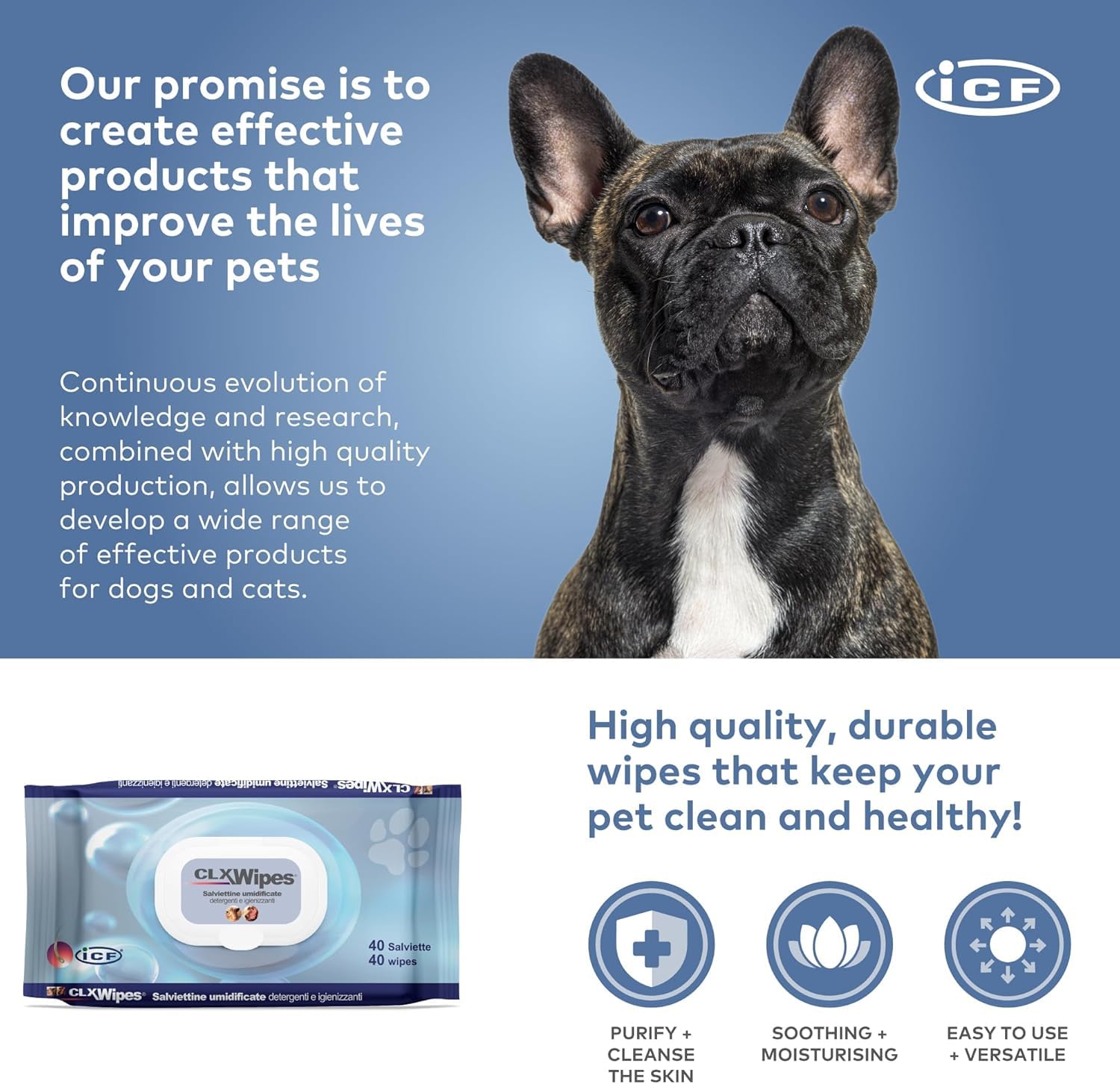 Generico CLX Wipes 40 Pezzi – Salviette Detergenti Delicate per Cani e Gatti – Igiene Quotidiana Pratica per Pelle, Zampe e Pliche - 2 Confezioni, 80 Pezzi Totali