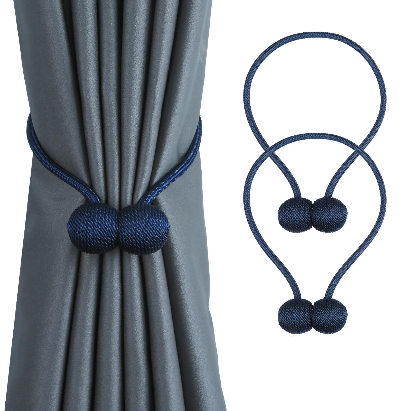 BEL AVENIR Magnetic Curtain Tiebacks European Style Strong Magnetic Handmade Rope Curtain Holders for Home Office Decorative(Navy, 2P)