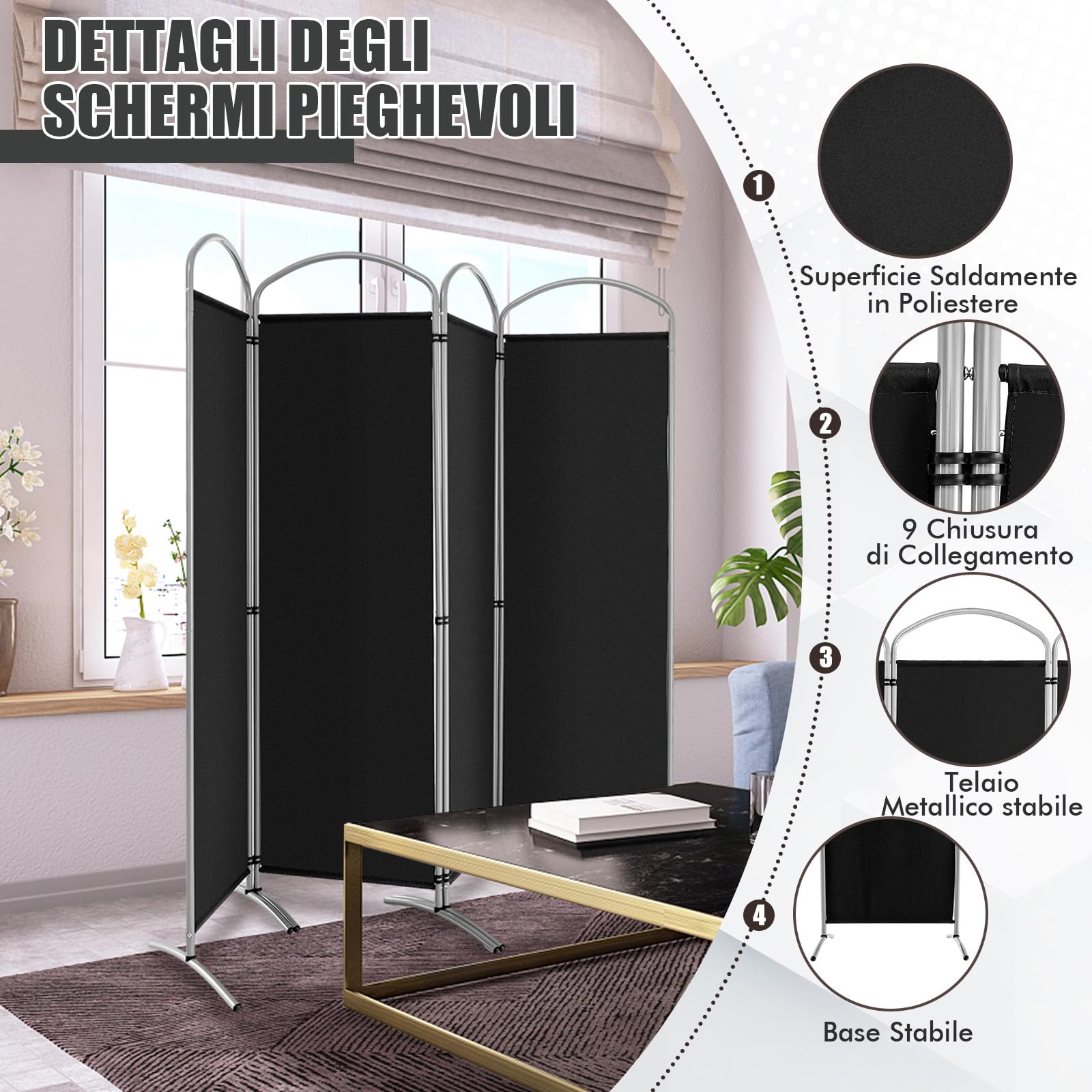 COSTWAY Paravento Pieghevole a 4/6 Pannelli, Separé Divisorio Interno ed Esterno, Pannelli Divisori per Camera da Letto, Ufficio e Soggiorno (221 x 188 cm 4 Pannelli, Nero)