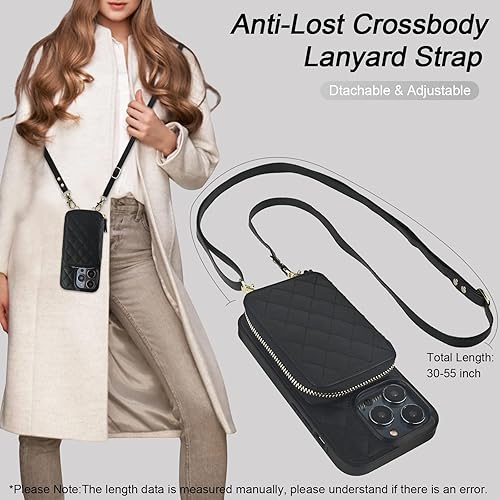 Miniatura 6 de Bocasal Funda tipo cartera cruzada para iPhone 14 Pro, con bloqueo RFID, de piel sintética, con cremallera, funda tipo cartera con función atril y