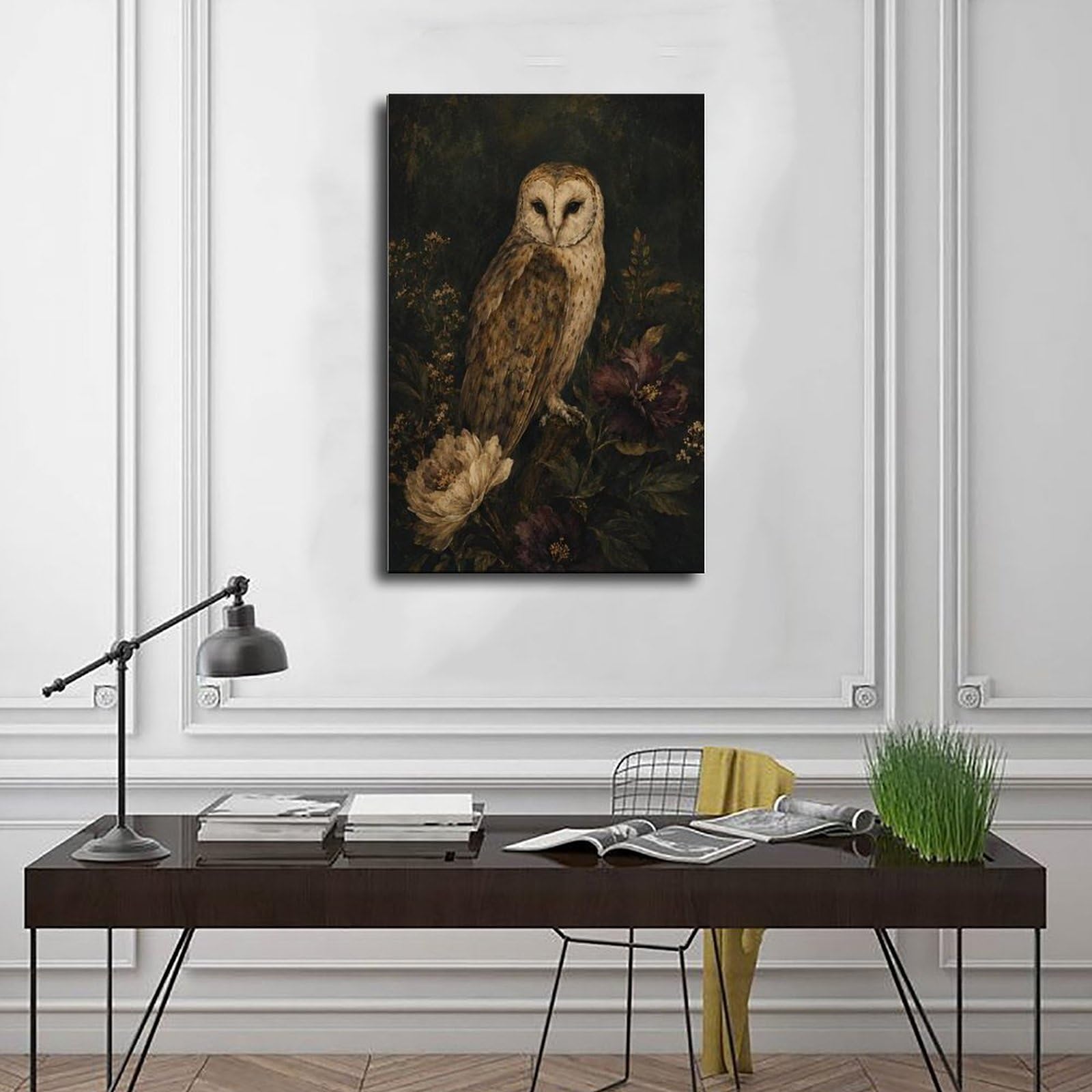Poster di tela floreale scuro del barbagianni per il regalo della decorazione domestica | Stile cornice, diverse dimensioni, diversi stili di cornice, arte da parete, immagine decorativa, decorazione per la casa