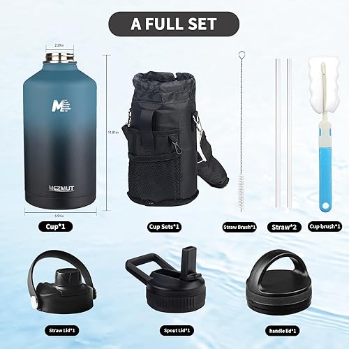 Miniatura 2 de MEZMUT Botella de agua aislada de 128 onzas con popote y 3 tapas, botellas de agua de acero inoxidable de un galón, botella de agua deportiva de