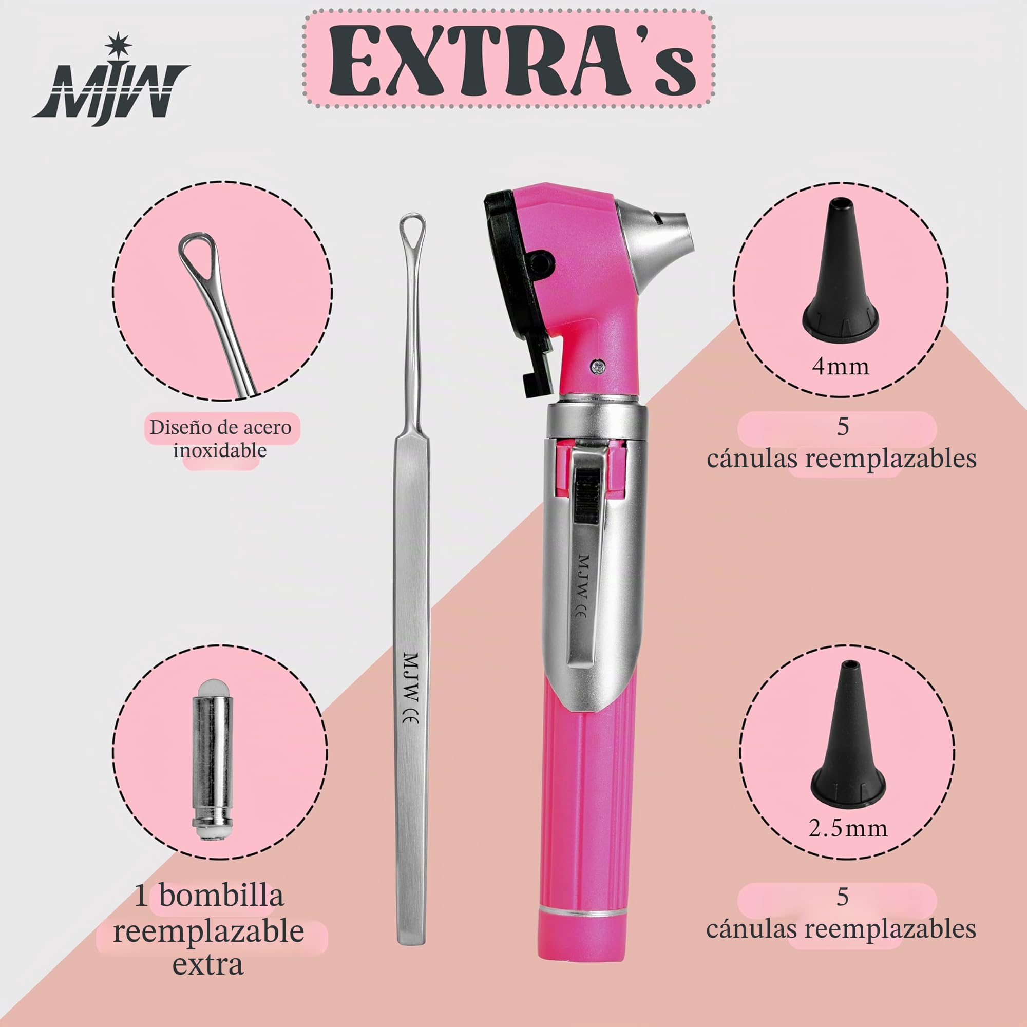 Mini otoscopio rosa de fibra óptica para uso doméstico con luz LED extra reemplazable