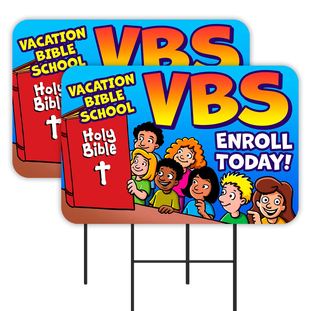 Vista Products VBS Vacation Bible School Enroll Today 2 Pack Double-Sided Yard Signs 16" x 24" with Metal Stakes (Made in the USA)