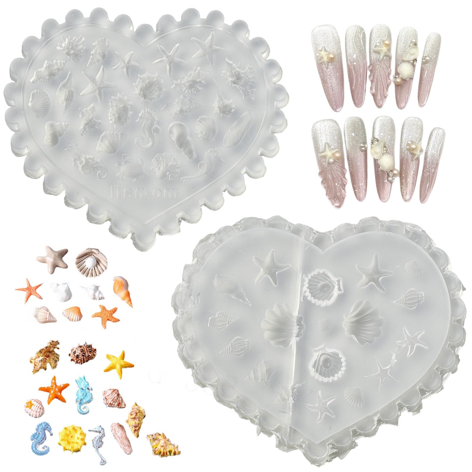 Stiesy 4Pcs Silicone Nail Molds, 3D Ocean Polymer Clay Molds for Jewelry Making, Reusable Mini Seashell Sea Animal Nails Art Tools Silicone Mold for Earrings Design Accessories Manicure Decoration