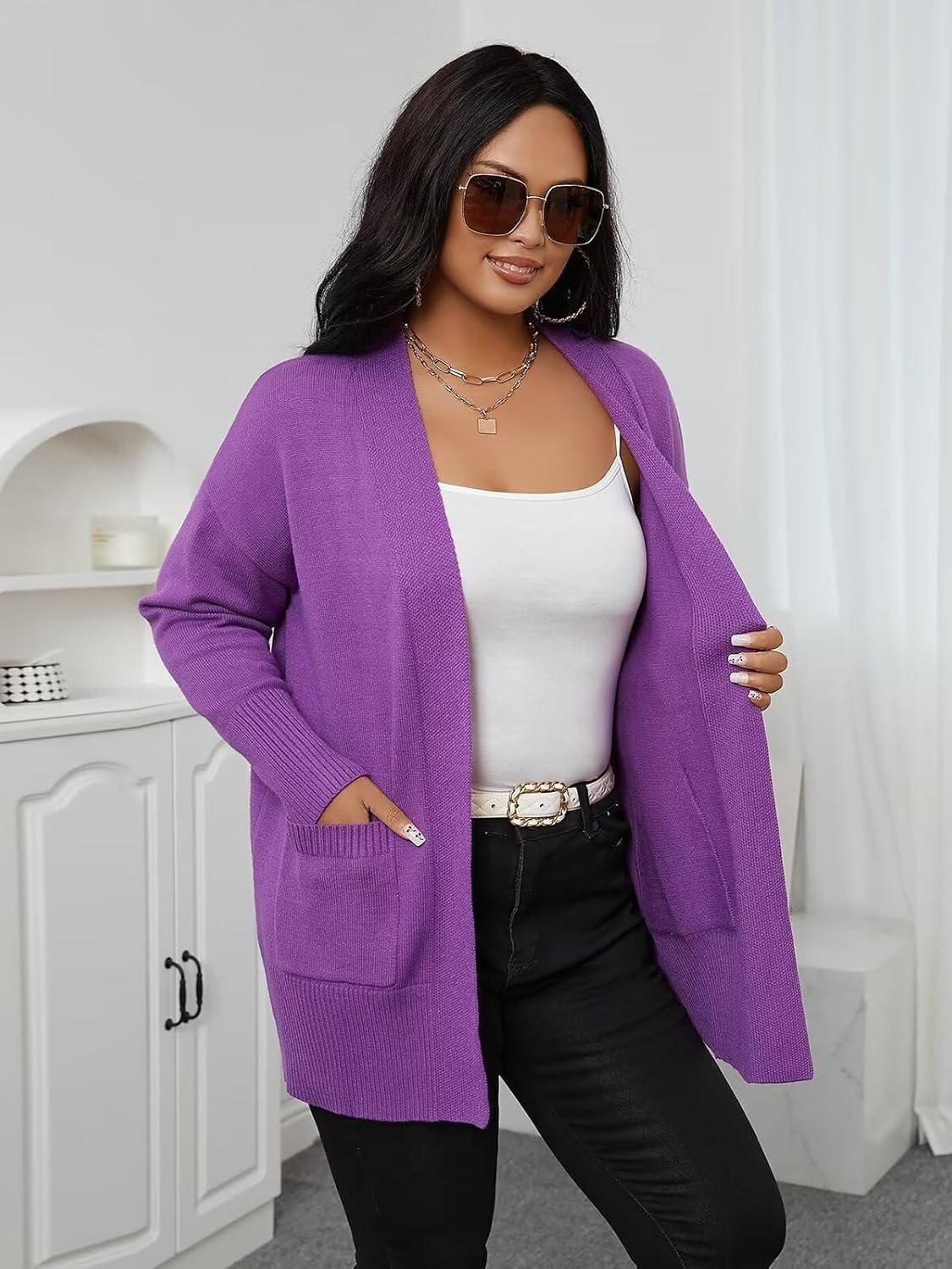 Womens Cardigan Sweaters Plus Size Open Front Long Sleeve Cardigan with Pockets for Women Lightweight Trendy 1X-5X - Image 6