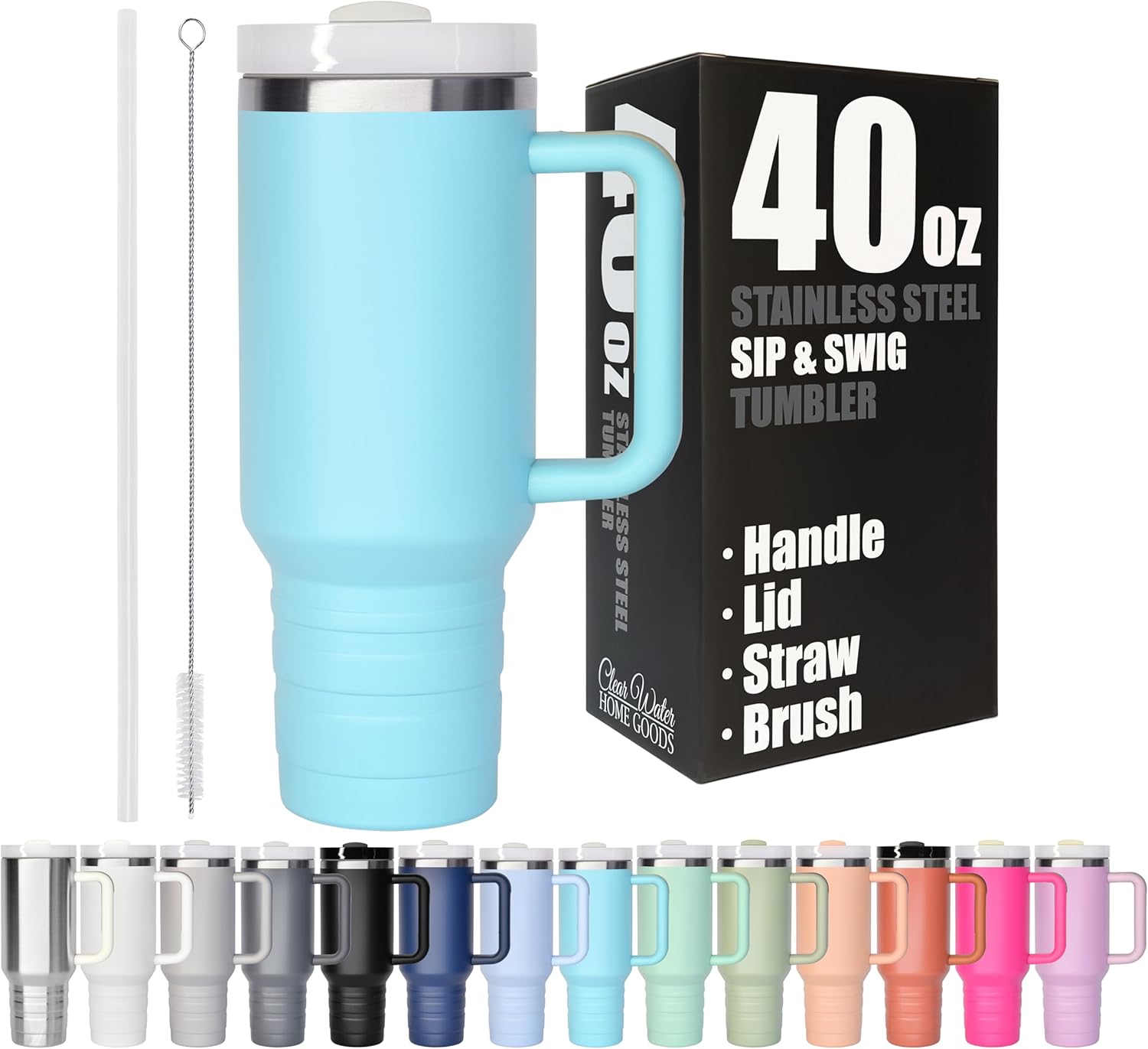 40oz Tumbler with Lid and Straw - Reusable Double Wall Insulated Stainless Steel Water Bottle and Coffee Cup to Keep Hot and Cold Beverages for Hours, Travel Mug, Fits in Cupholder - Aqua Blue