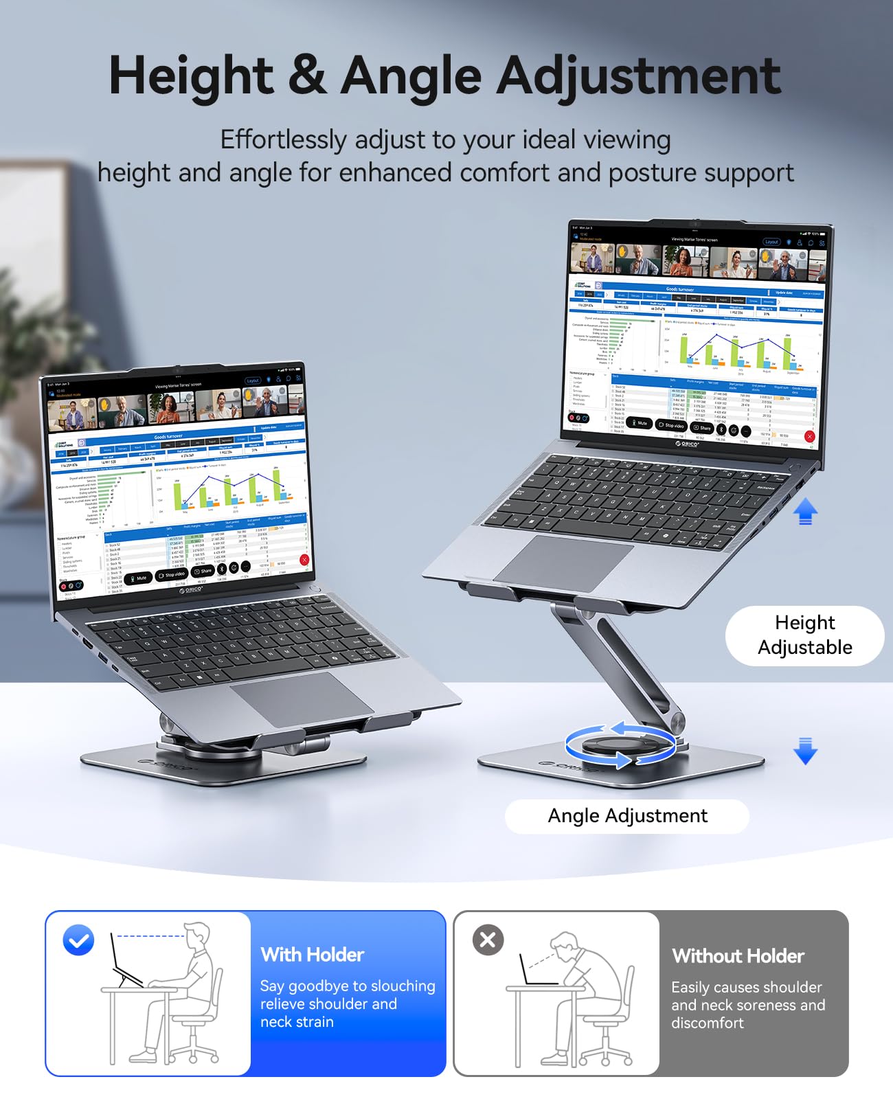ORICO Supporto PC Portatile, Regolabile e Pieghevole, Laptop Stand Ergonomico a Rotazione 360°, Supporto Laptop in Alluminio per Scrivania, Compatibile con Notebook e Tablet da 13-17.3" - ST10, Grigio