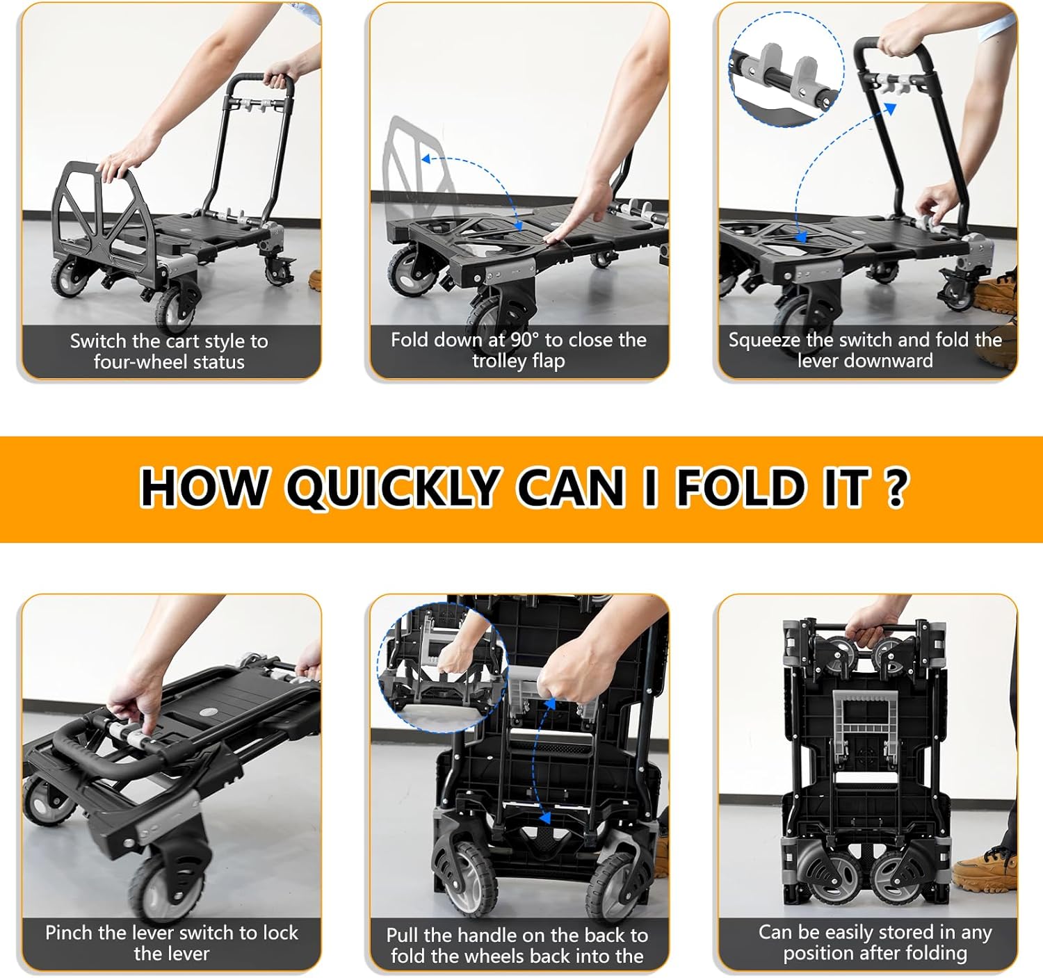 2 in 1 Hand Truck Dolly Foldable with 2 Pcs Folding Basket, 330LB Dolly Collapsible Cart with Wheels, Folding Hand Truck with Retractable Handle, Include 2 Bungee Cords, for Moving, Luggage, Office