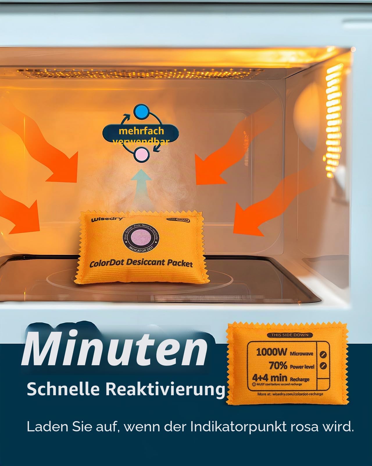 wisedry 100g x 10 Wiederaufladbare Trockenmittelpakete, farblich anzeigende Silikagel-Trockenmittelpakete, wiederverwendbare Feuchtigkeitsabsorber für Koffer, Waffentresor, Werkzeugkasten