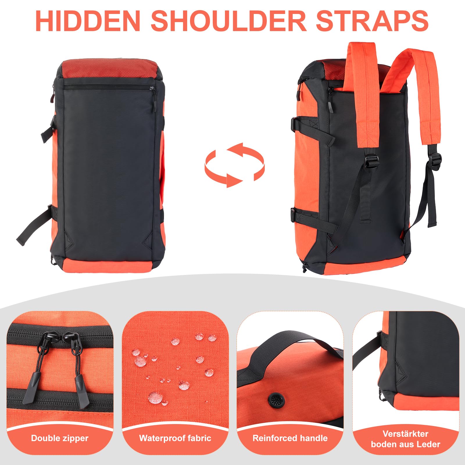 Bolsa Deporte Hombre, 36L Mochila Gimnasio Hombre, Bolsa de Viaje Mujer Impermeabile Oxford con Compartimento para Zapatos, Compartimento para Artículos Húmedos y Capa Aislante (Naranja)