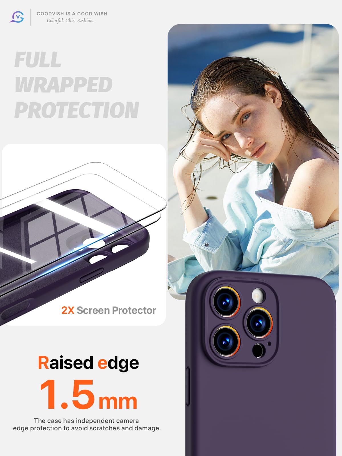 GOODVISH 3 in 1 Silicone Cover per iPhone 16 Pro Max 6.9", Custodia con 2 Pellicola Vetro Temperato [Protezione Fotocamera] Protezione Anticaduta Case per Cellulare Antiurto Resistente, Viola Scuro