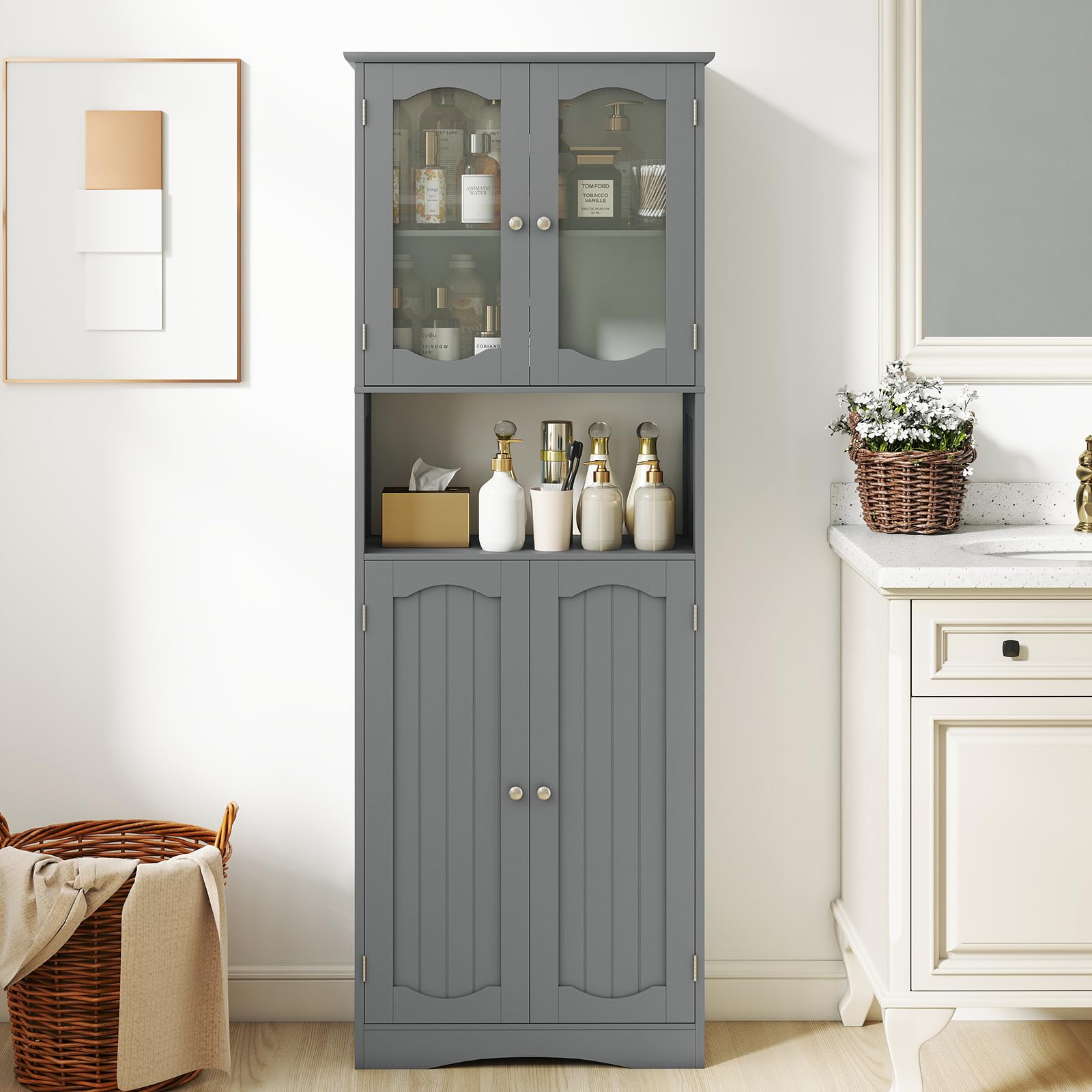 LIFEZEAL Armario Alto para Baño Independiente con Puertas de Cristal, Armario de Baño con Estantes Ajustables, Organizador de Almacenamiento para Cocina, Salón, Oficina, 60 x 30 x 164 cm (Gris)