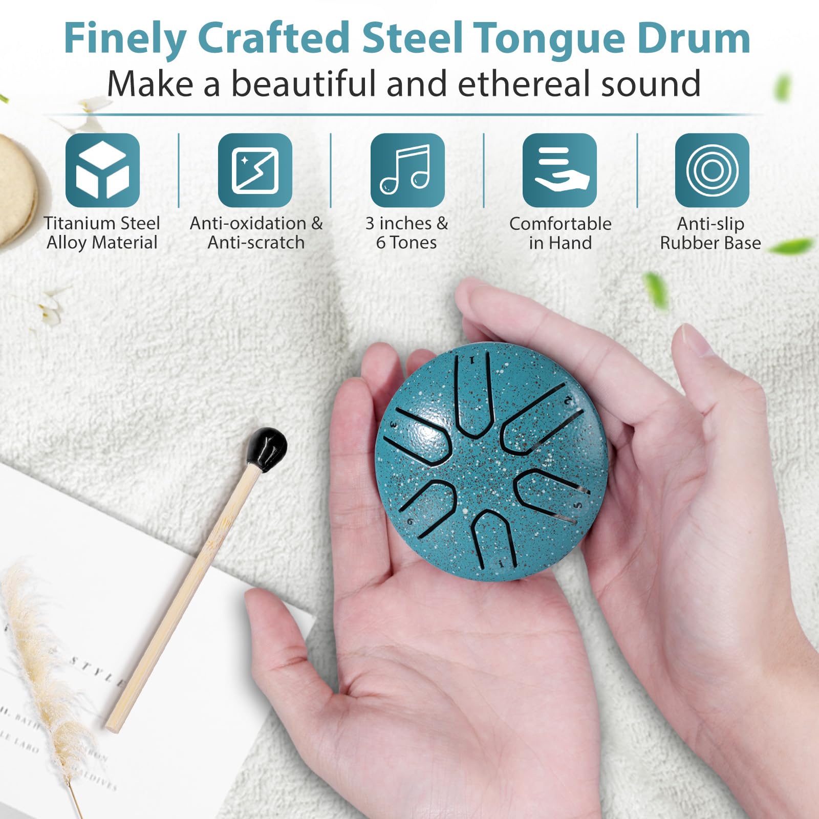 Steel Tongue Drum Mini 3 Pollici 6 Note Tamburo Handpan Strumento a Percussione Tamburi in Acciaio con Bacchette per Tamburi Note Sticks per Meditazione Yoga Zazen Sound Healing (Verde)