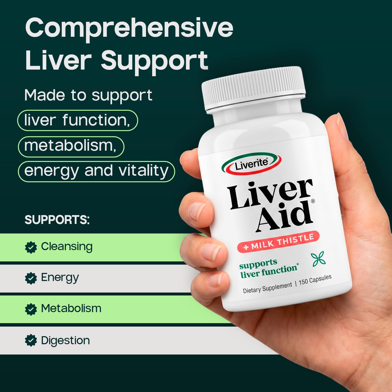 LIVERITE Liver Aid with Milk Thistle 150 Capsules, Liver Support Supplement with Amino Acids, Choline, Milk Thistle & Vitamin B12 – Supports Healthy Liver Function, Cleansing, Energy & Metabolism — Amazon image 2