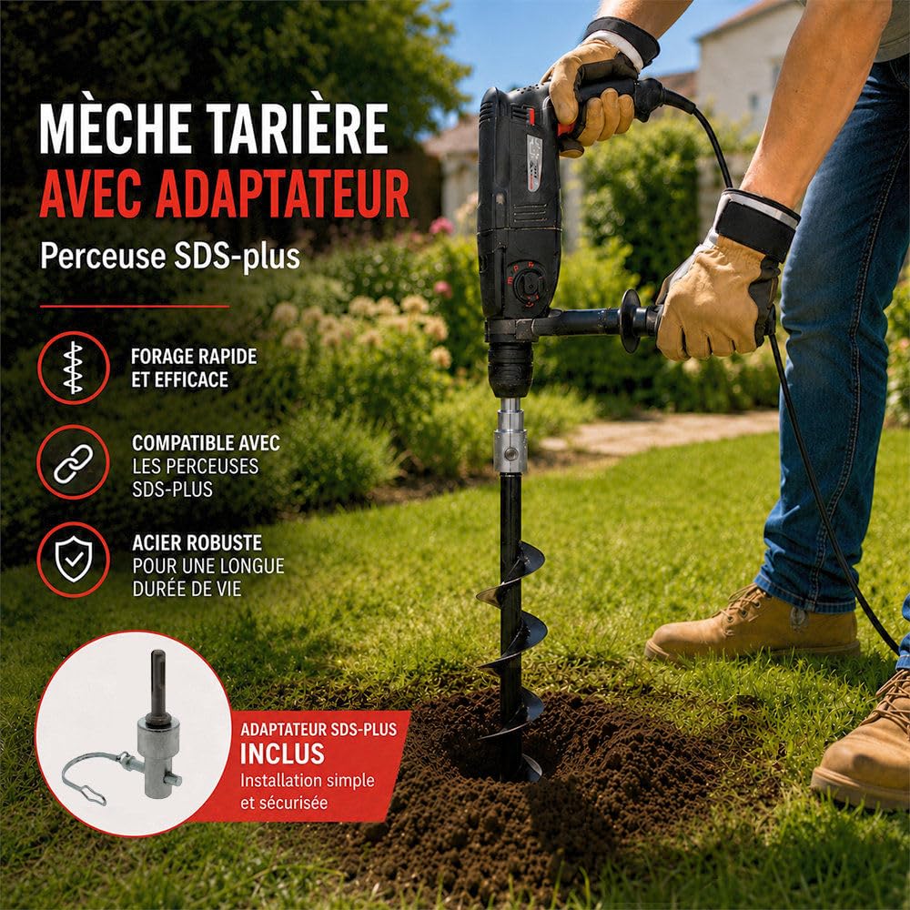 Mèche de tarière Ø 80 mm avec adaptateur perceuse et perforateur SDS-plus