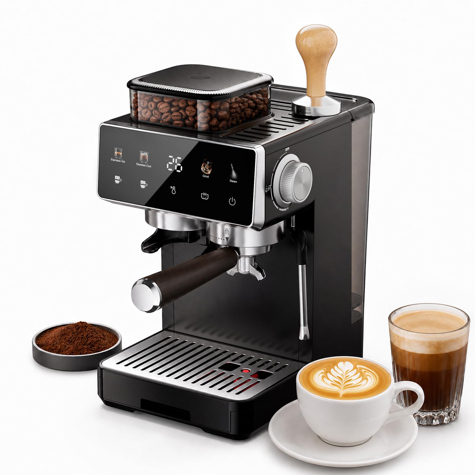 View 1 of [SOLD FOR PARTS] HOMTINEX Espresso Machine with Grinder & Steam Wand - Black