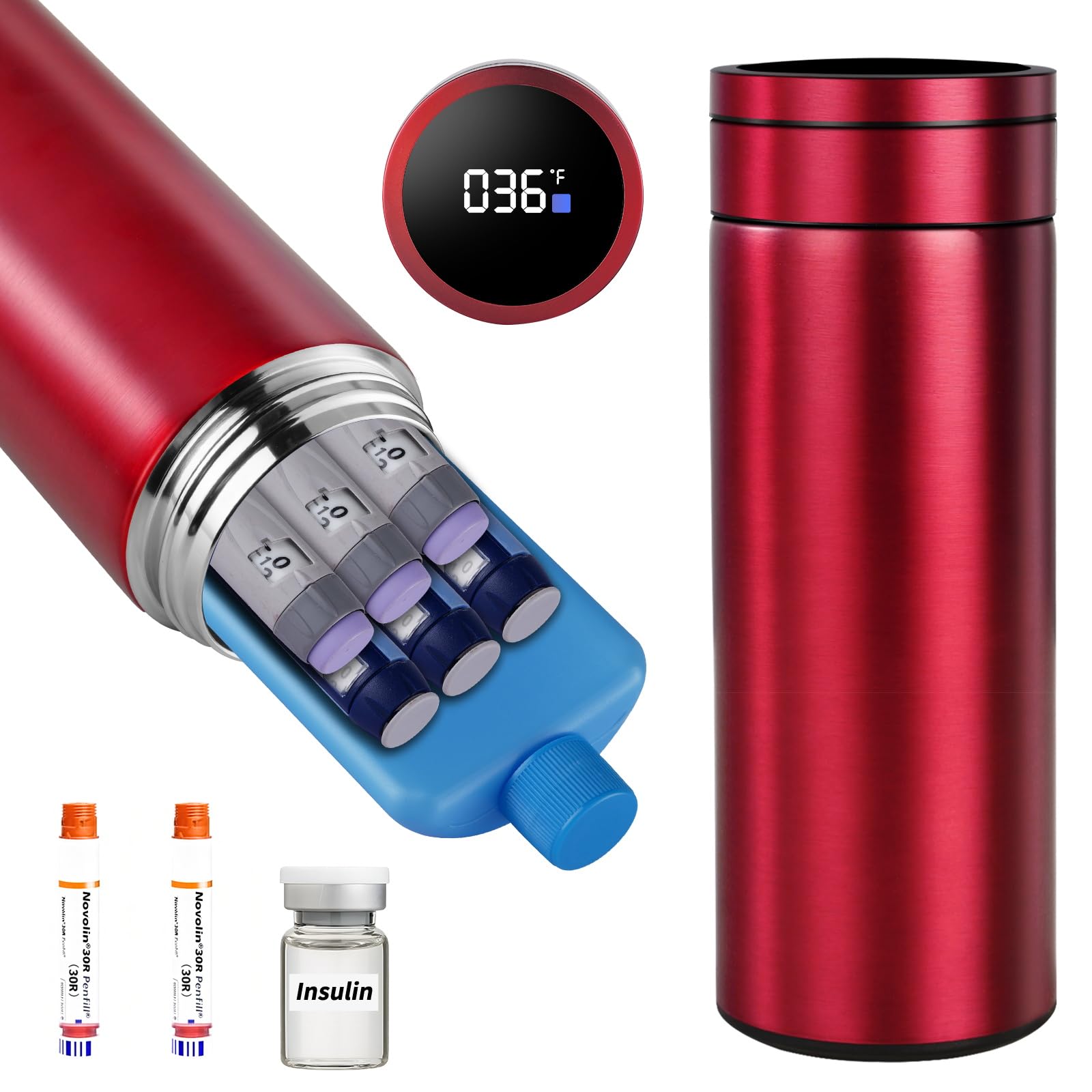 Bogush Enfriador grande de insulina de 60 horas para 6-8 bolígrafos, estuche de viaje, pantalla de temperatura, enfriador de medicamentos para viajes, aprobado por la TSA, enfriador de medicamentos