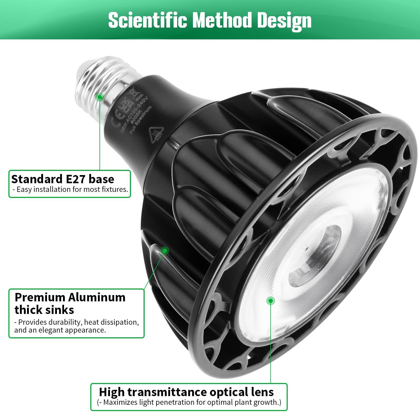 Qoolife 36W Planta Lámpara Led Full Spectrum, E27 Lámpara de Crecimiento con alta PPFD Crecer Lámparas, 6000K LED Planta de Luz para Plantas de Interior, Invernadero Jardín Negro