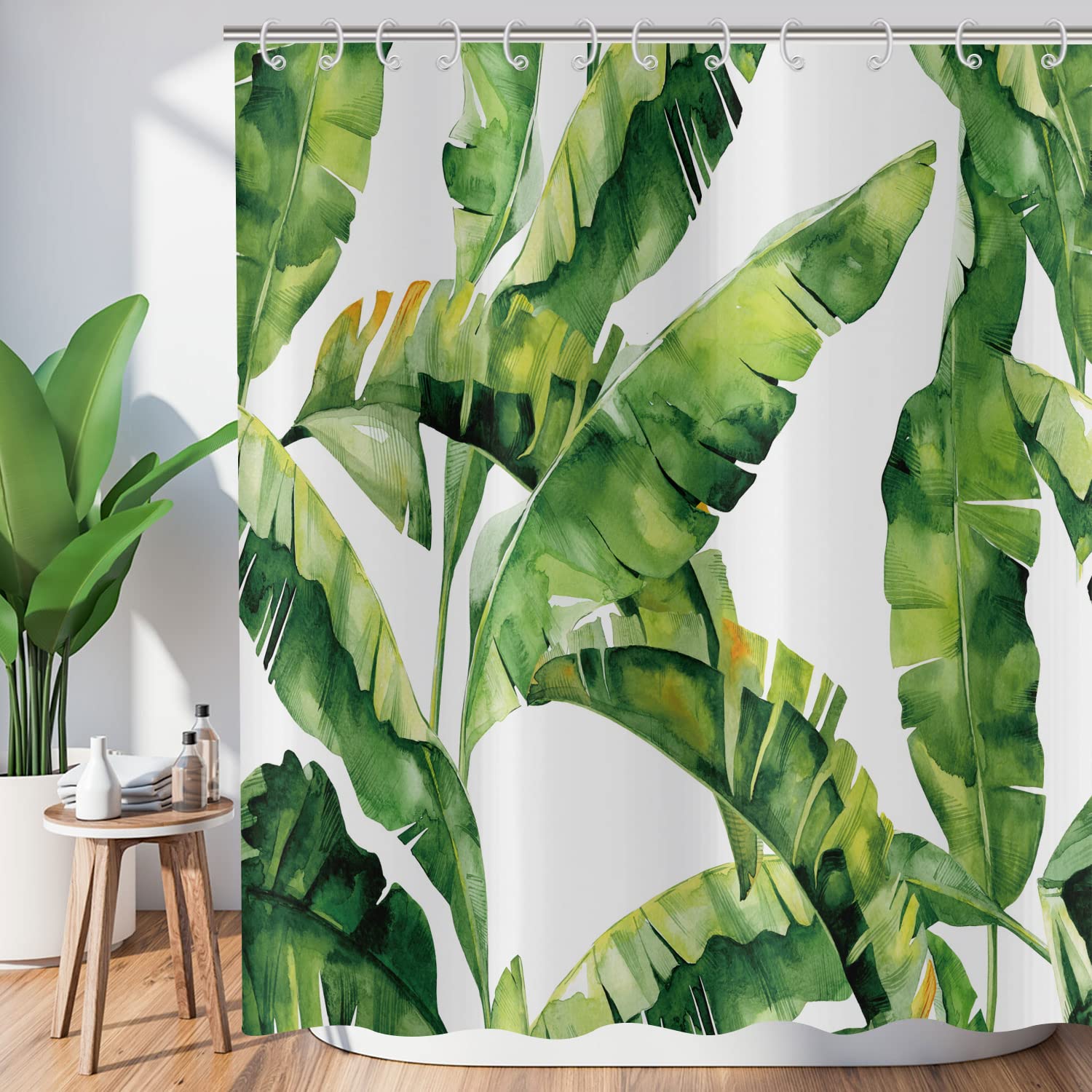 Hnmdmyi Green Leaf Shower Curtain 180x180, Tropical Banana Leaves Shower Curtains Jungle Plant Botanical Bathroom Curtains with Hooks Waterproof Polyester Fabric Washable Bath Curtains for Wet Room — image 1