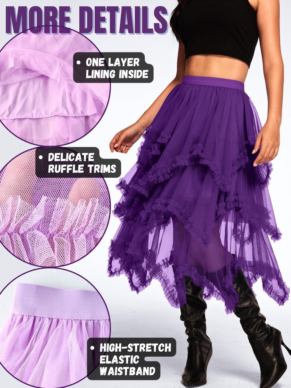 Kaei&Shi Long Tulle Skirt,High Waisted Asymmetrical Ruffle Skirts for Women,Renaissance Fairy Costume Concert Birthday Party