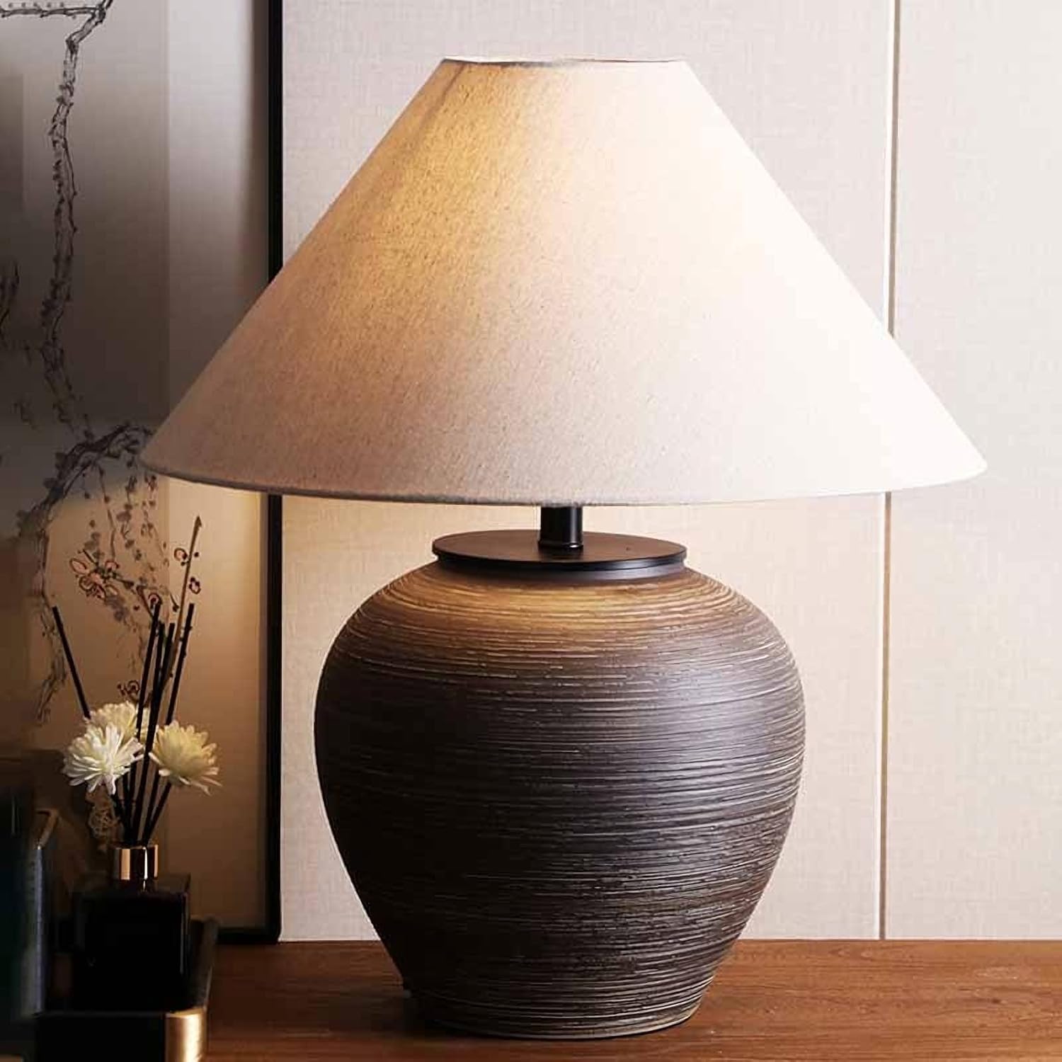 19.6'' Neutral Round Ceramic Table Lamp Rustic Retro Table Lamp Black Check Body with Off-White Fabric Shade Bedside Nightstand for Living Room Bedroom Home Office