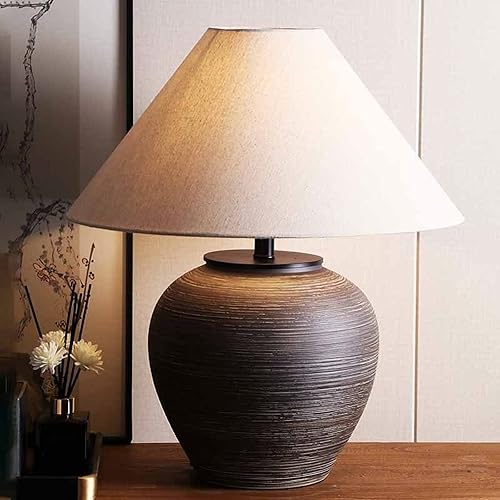 Miniatura 3 de Lámpara de mesa redonda neutra de cerámica de 19.6 pulgadas, lámpara de mesa retro rústica, cuerpo negro con pantalla de tela blanca rota, mesita de