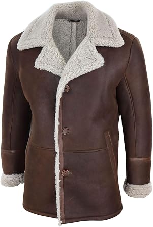 TruClothing Mens Real Sheepskin Coat Button Vintage German WW2 Captain Marine Jacket