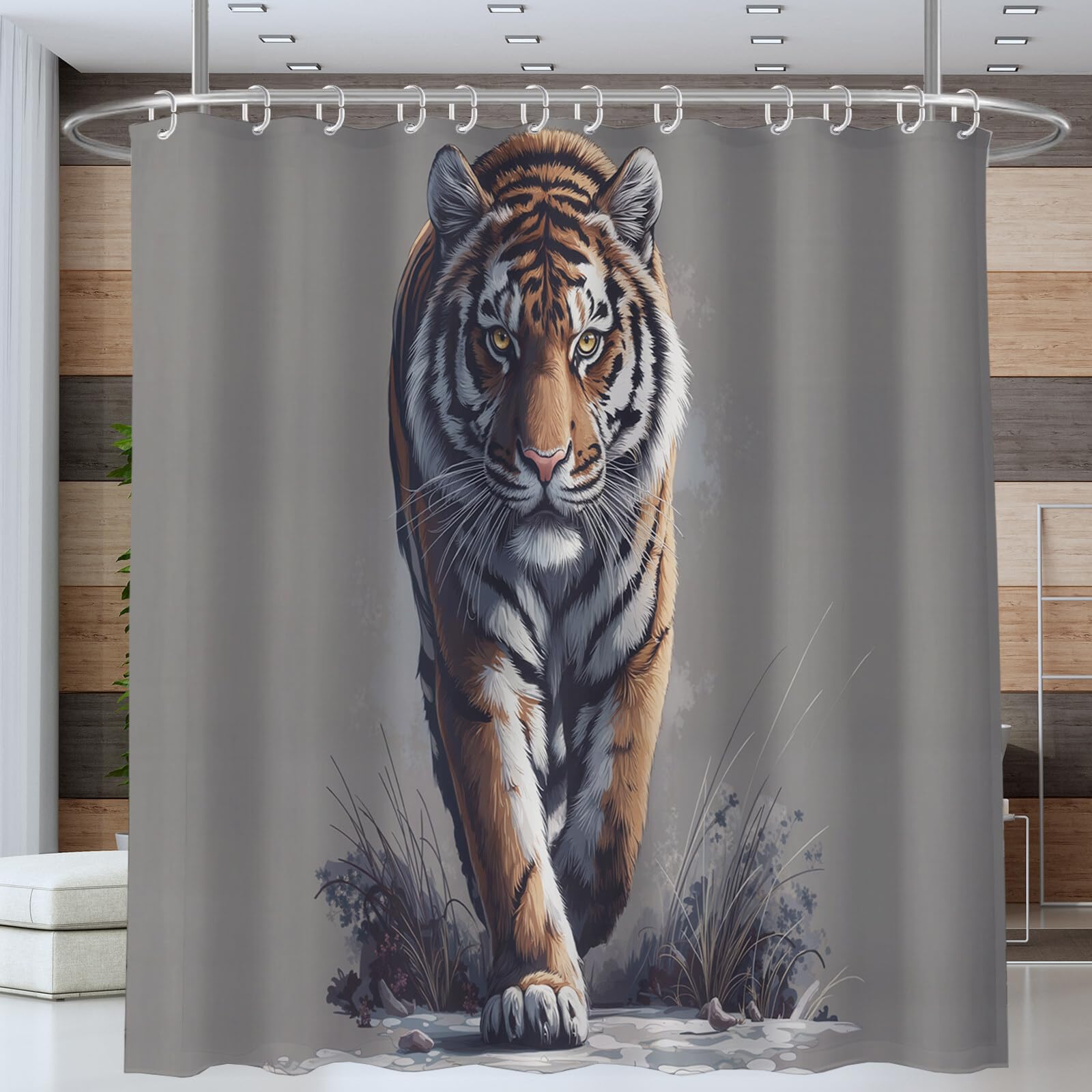 Rideau Douche,Rideau Baignoire Lavable en Machine Rideaux Douche Tissus Lavable Rideau De Baignoire Lavable pour Salle De Bain Domicile Baignoire Famille,Puissant Tigre De Sibérie,