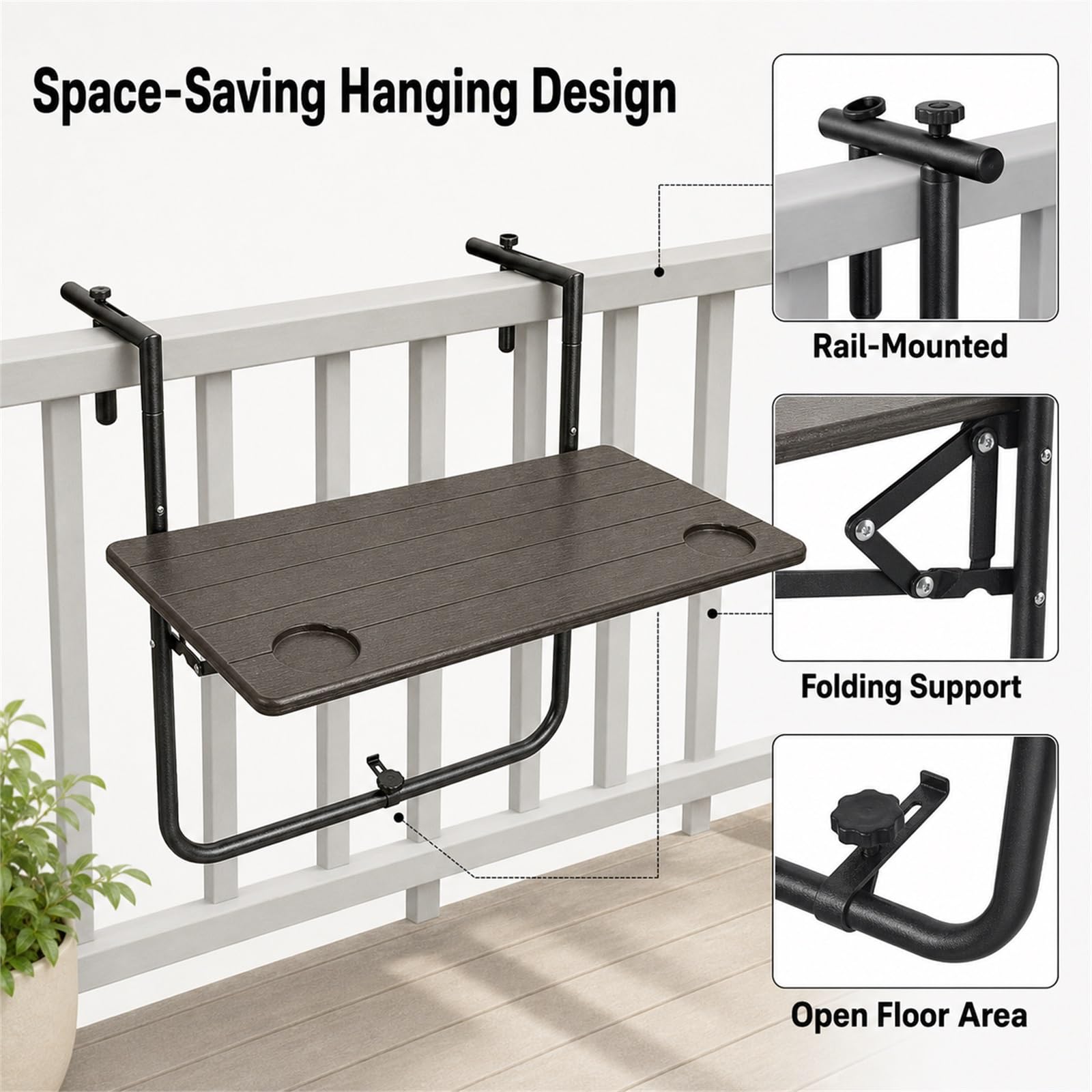 BalkongeläNder HäNgetisch BalkonhäNgetisch Klappbar Balkontisch Zums EinhäNgen Holz Platzsparender Multifunktional für Außenbereich,Garten,Büro,Patio,kleine Räume Outdoor