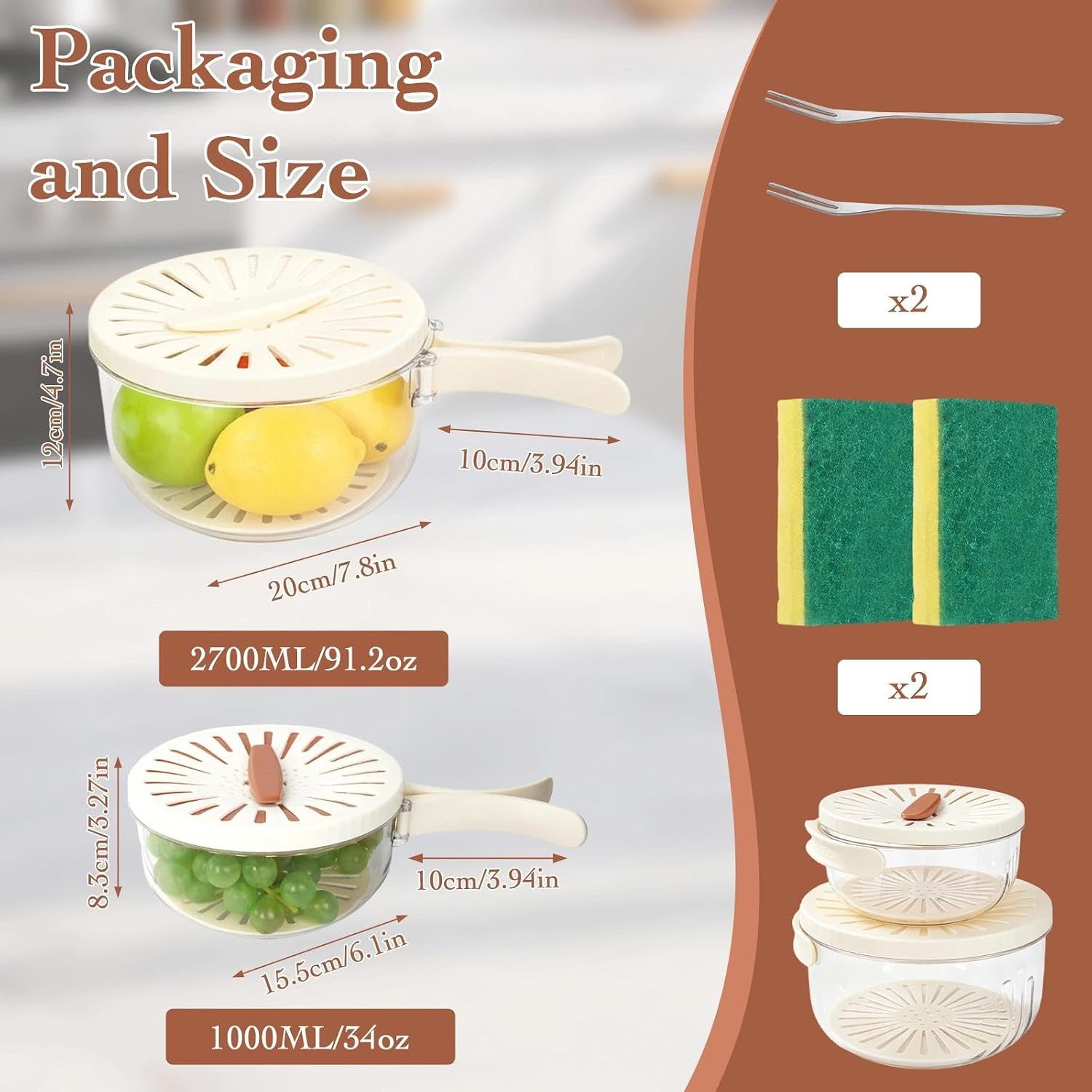 CEYAZYE 2 Pcs Vegetable Fruit Washing Bowl with Strainer, 1QT &2.7QT