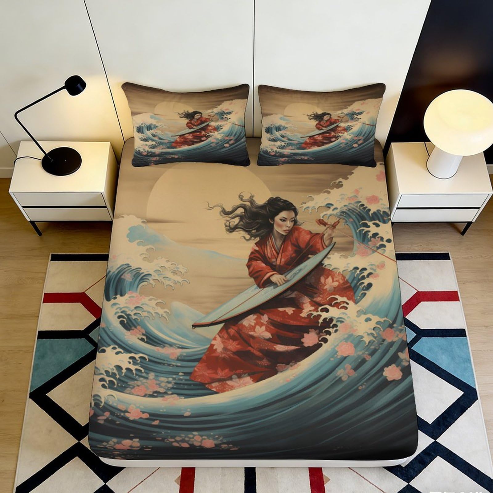 3D Printed Samurai Pattern Fitted Sheet Microfiber Non-Slip Deep Pocket Bedroom Set Samurai Mattress Fitted Cover for Adults 140x200x25cm