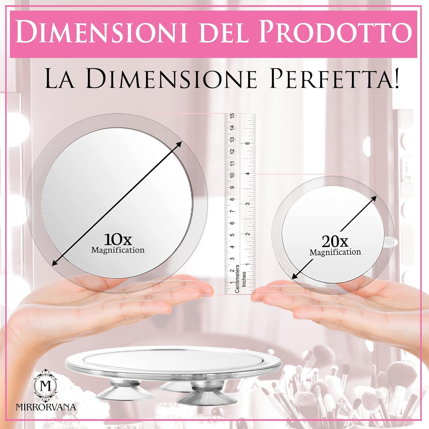 Mirrorvana Specchio ingranditore 10X e 20X con ventosa - set di 2 specchi trucco rotondi senza luce per make up e cura del viso - diametro 15 x 10 cm