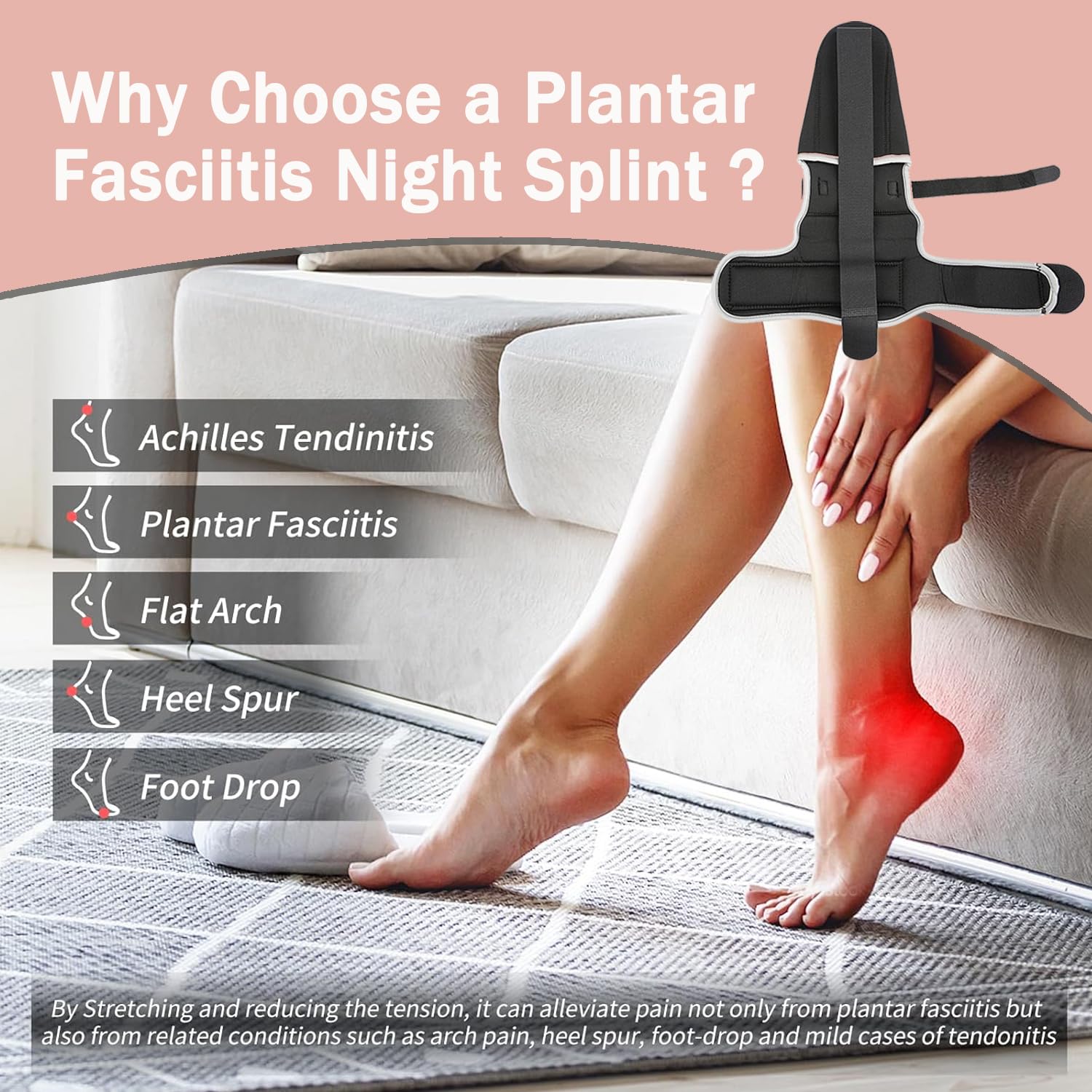 Plantar Fasciitis Night Splint Sock with Massage Ball - Adjustable & Breathable Foot Brace for Achilles Tendonitis Relief, Heel Spurs, Foot Drop & Flat Arches, Soft Machine-Washable Sleep Support for Men/Women