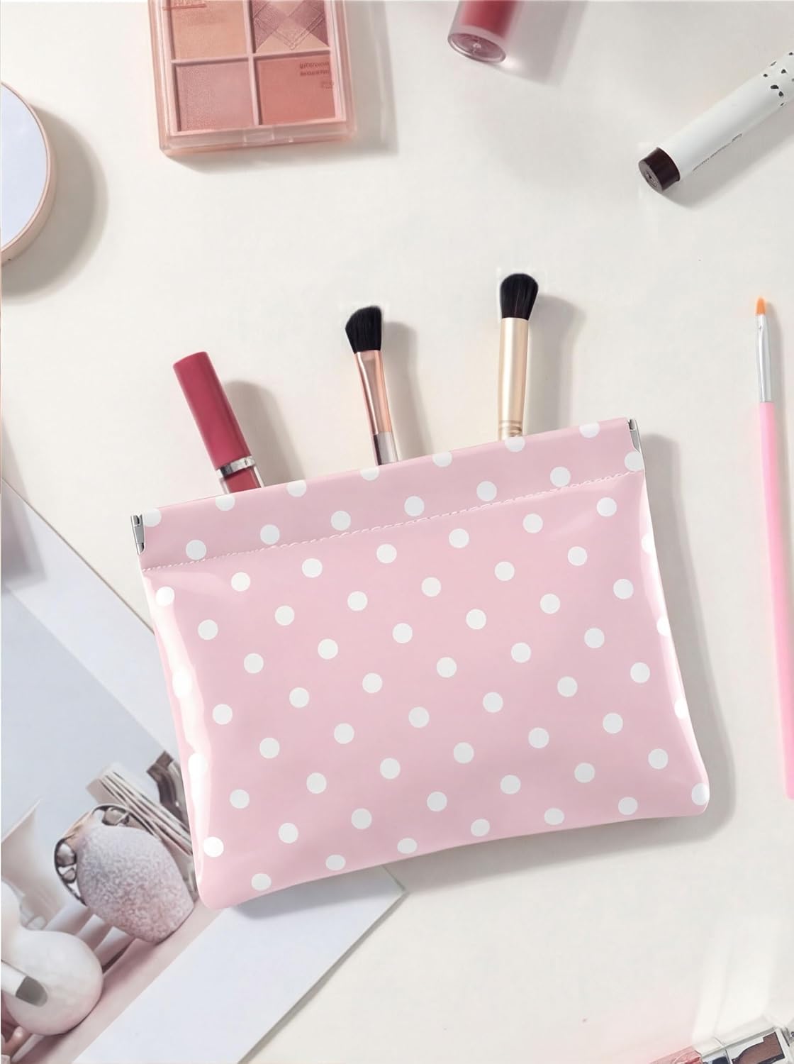Dots Leather Makeup Pouch Set for Women Small Make Up Bag for Purse Waterproof Initial Makeup Cosmetic Bags Pouches for Purse Aesthetic Travel Toiletry Bag,Pink White image 3