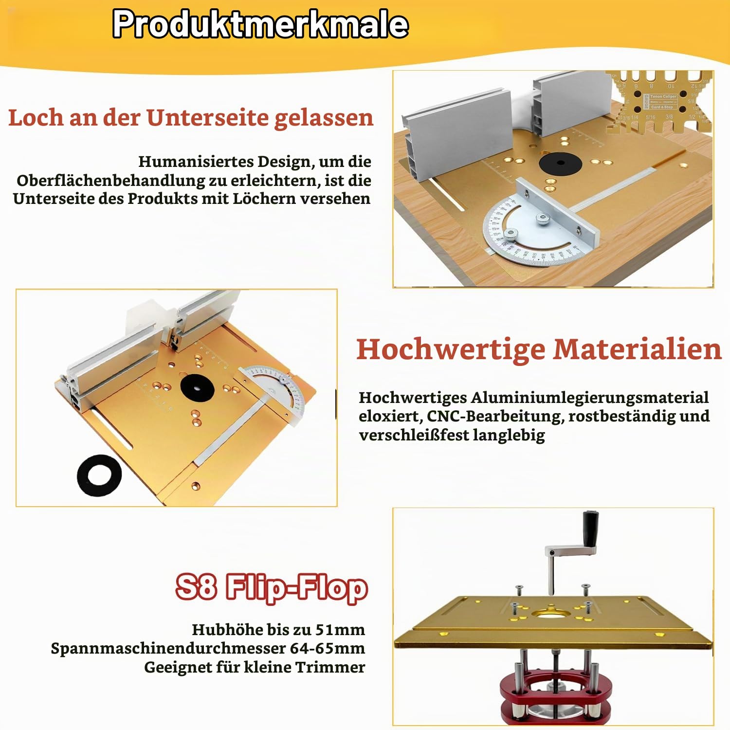 Frästisch für Oberfräse Einlegeplatte Set, OberfräSentisch und Tischfräsmaschine, Router Table, Planfräsvorrichtung, Maximum Lift 51mm, TischfräSe zum Nuten Zapfenschneiden BesäUmen(Gold+Rot)