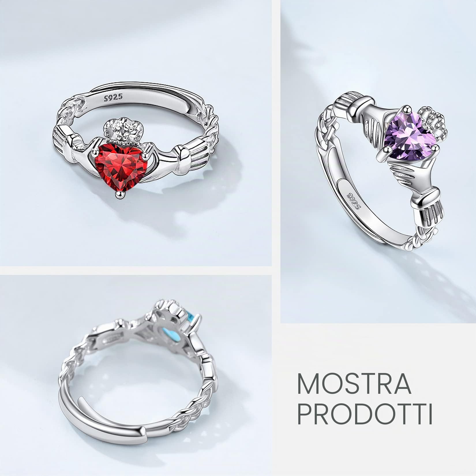 Suplight Anello Donna in Argento Sterling 925 Anello Claddagh Regolabile Anello Argento 925 Donna Anello Solitario con Pietre di Nascita 12 Mesi con Confezione Regalo
