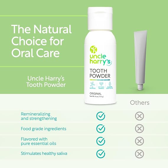 Uncle Harry's Remineralizing Tooth Powder | All Natural Enamel Support & Whitening Toothpaste for Sensitive Teeth | Powder Toothpaste for Gum Health & Fresh Breath (4 oz)