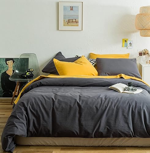 SUSYBAO Juego de funda de edredón de 3 piezas, 100 % algodón lavado, color amarillo retro, 1 funda de edredón de color amarillo mostaza con lazos de