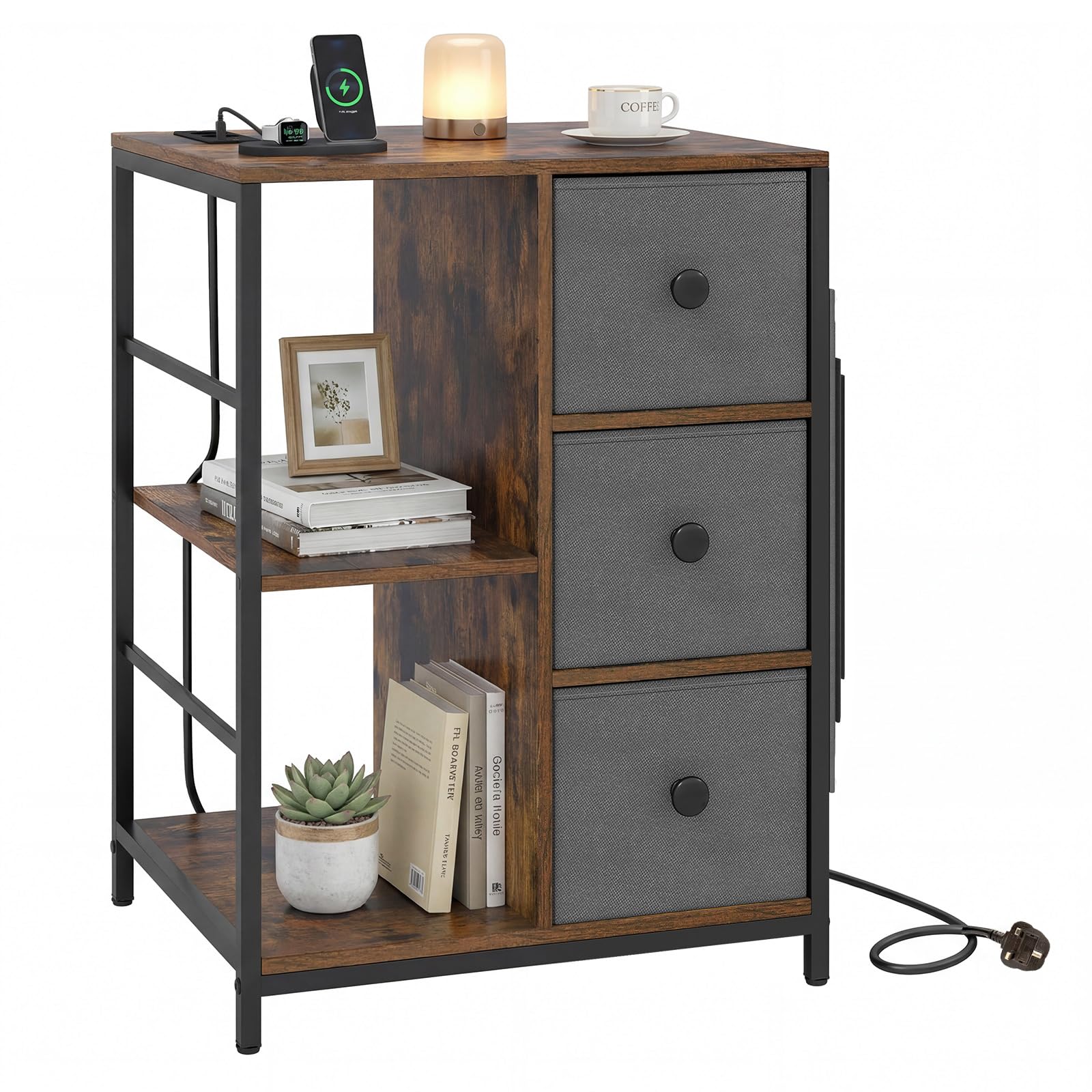 COSTWAY Side Table with Charging Station, Industrial Nightstand Bedside Cabinet with 3 Fabric Drawers, Storage Shelves & Side Pockets, Metal Frame Sofa End Table for Living Room Bedroom, Rustic Brown