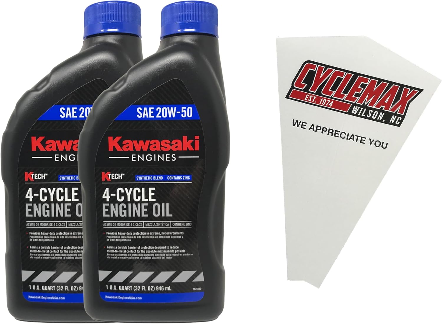 Cyclemax Two Pack compatible with Kawasaki SAE 20W50 4-Cycle K-Tech Lawnmower Engine Oil 99969-6298 Contains Two Quarts and a Funnel