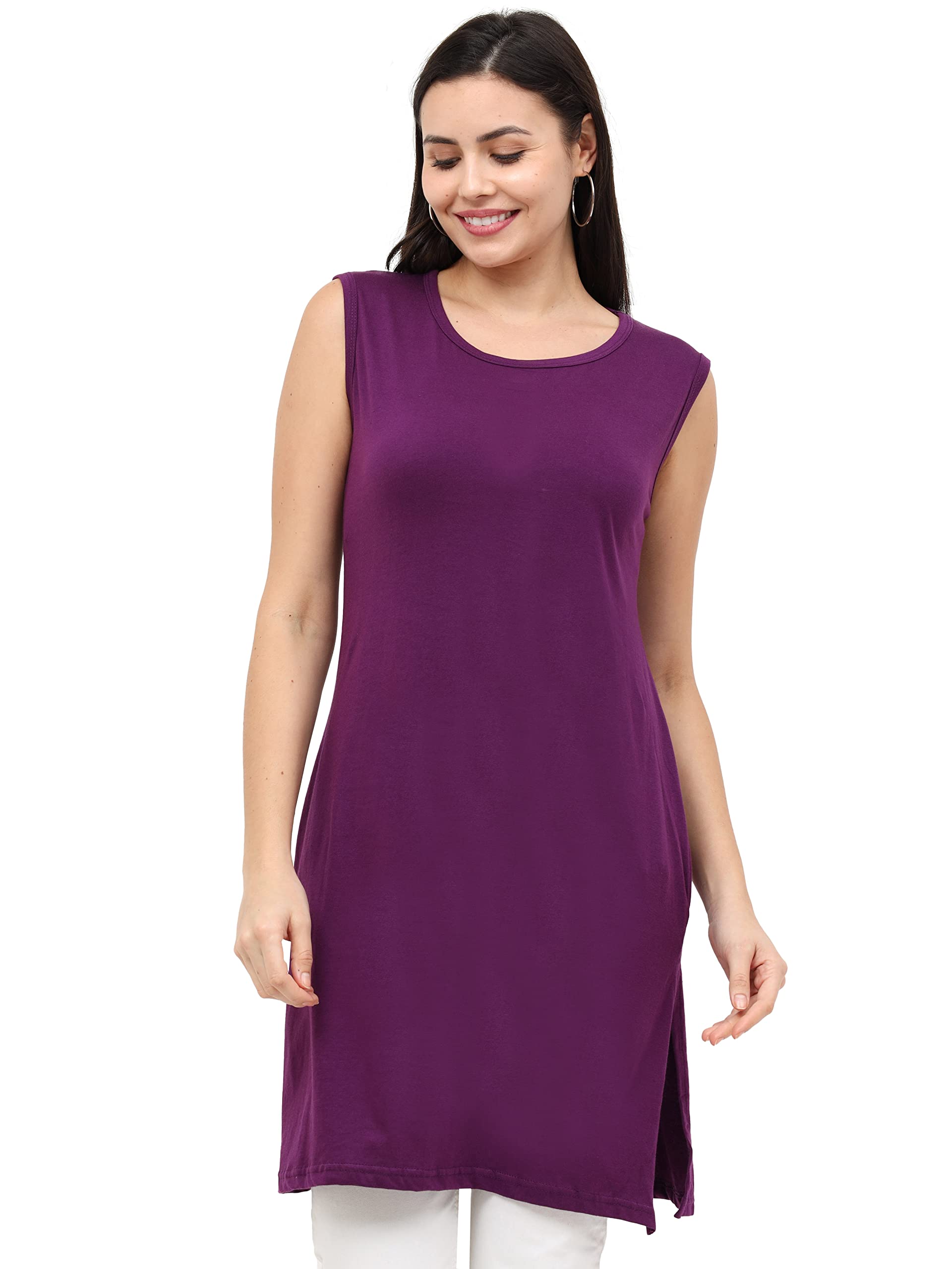FLEXIMAA Women's Cotton Plain Round Neck Sleeveless Long Top-picture-32