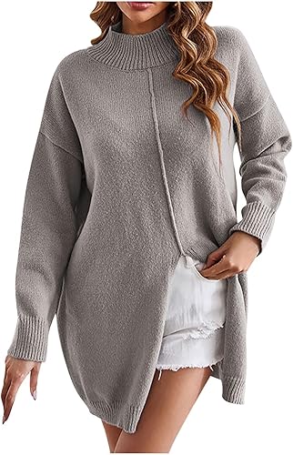 Suéter de cuello alto falso para mujer, suéteres largos de punto de ajuste holgado, suéteres casuales elegantes y modernos con abertura lateral