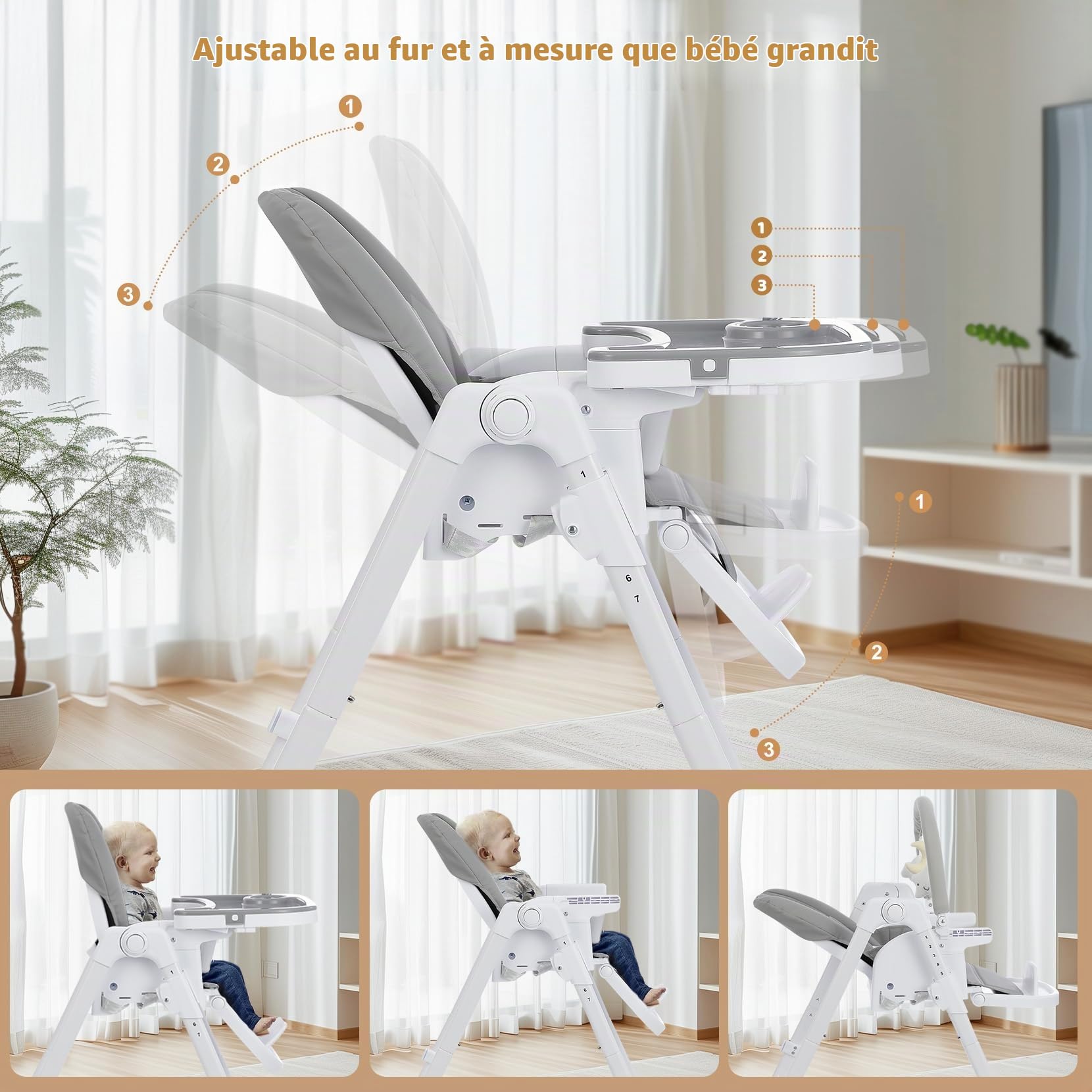 Chaise Haute Bébé 4 en 1 Pliable, Réglable avec Arche de Jeux | 7 hauteurs, arche de jeux, fonction rehausseur, double plateau, siège PU, pliable