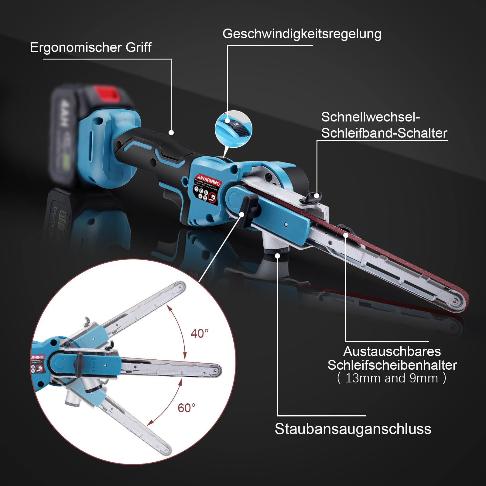 Akku Bandschleifer Kompatibel mit Makita 18V, Bürstenloser Akku-Bandfeile mit Schleifarme 9 mm und 13 mm inkl. 16x Schleifbänder, 6 Geschwindigkeiten, 100° Einstellbare Feilenschleifer (ohne Akku)