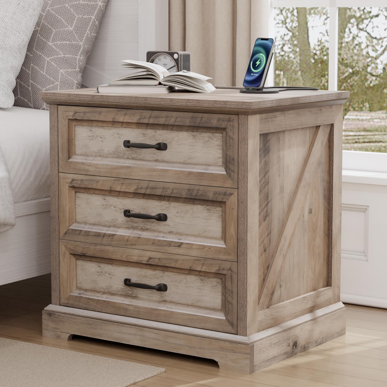 (color is natural oak) hommpa 24'' farmhouse nightstand with charging station, bedside tables with storage, side table with ac outlets & usb port, 3 drawers end table dresser, wood night stand for bedroom, greige