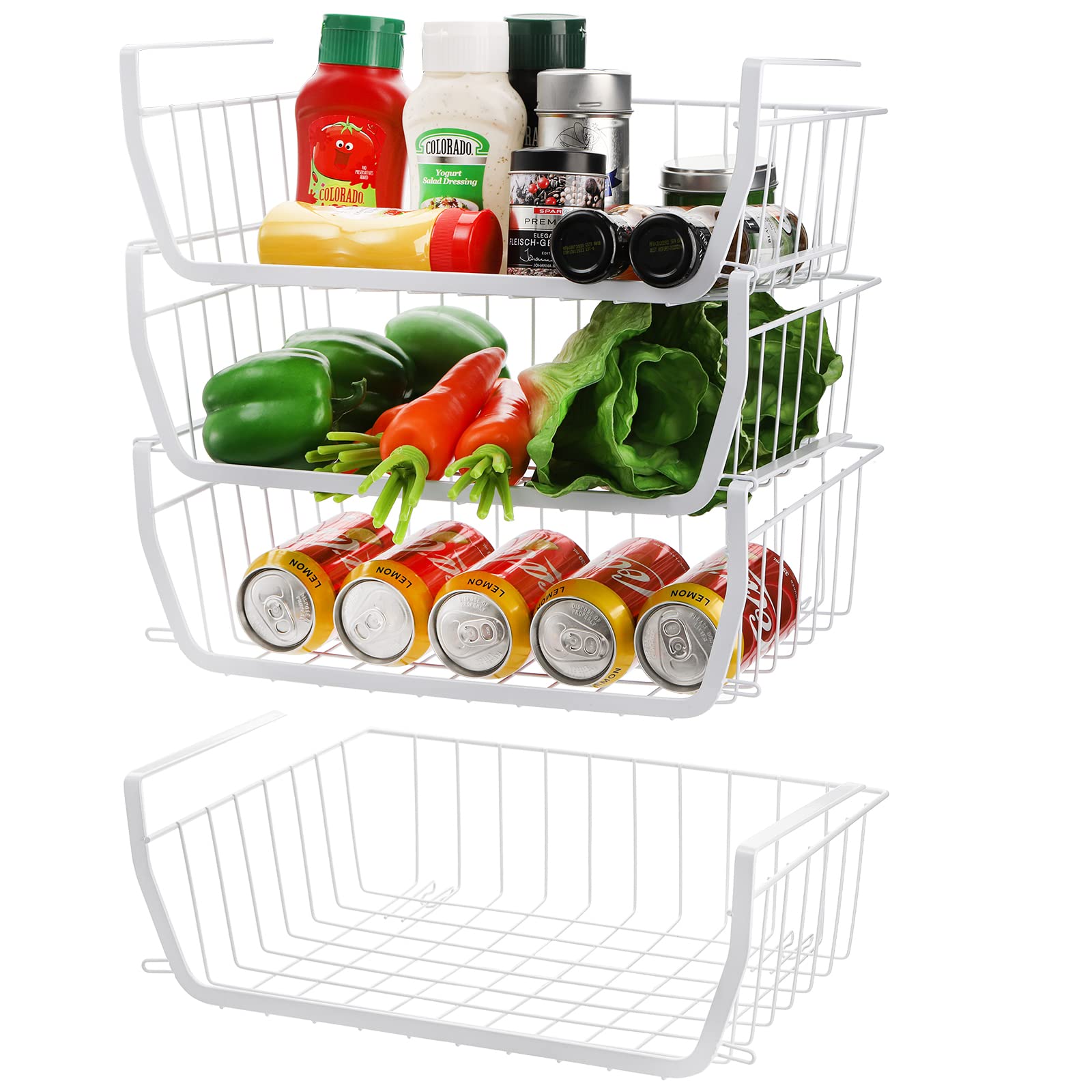 Tebery 4 Pack White Stackable Under Shelf Wire Baskets Pantry Organizer